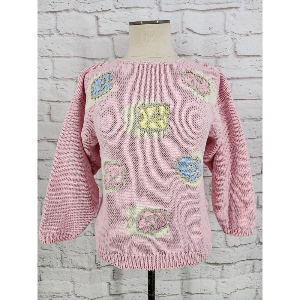 Chaus Vintage Intarsia Knit Sweater Pearl Cottage Artsy Women Medium Pastel 90s